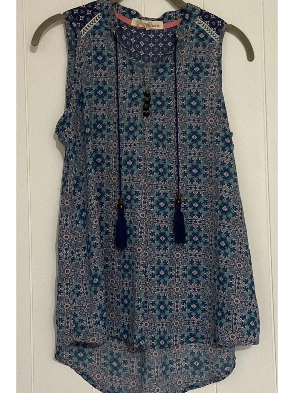 Rewind S blue and pink patterned sleeveless tank with tassel ties